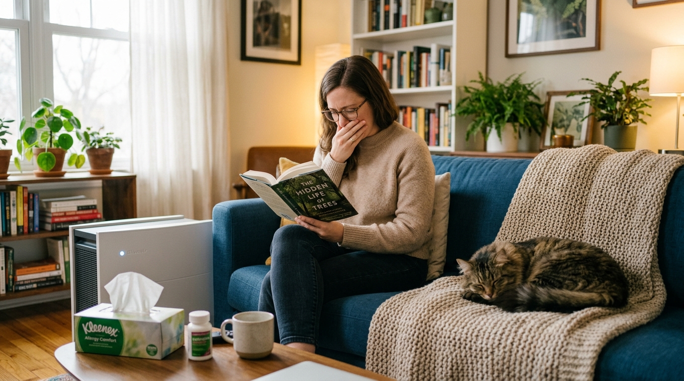 pet allergies apartment — person using air purifier for pet allergy management beside cat