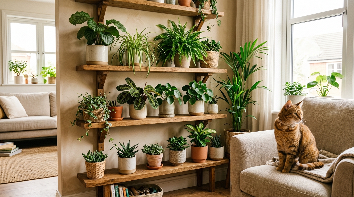 pet-safe houseplants apartments — collection of pet-safe plants on shelves with cat nearby