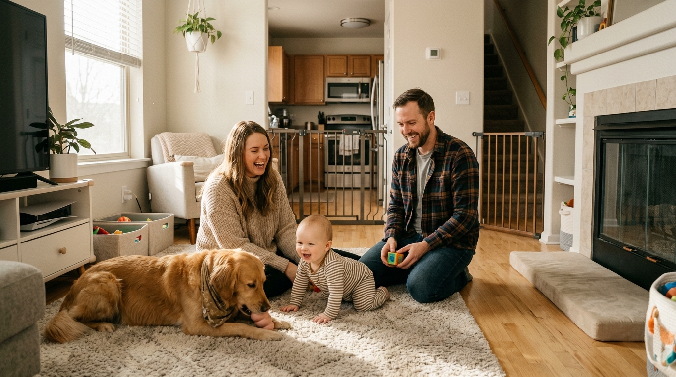baby-proof pet-proof apartment — family with baby and dog in childproofed apartment with safety gates