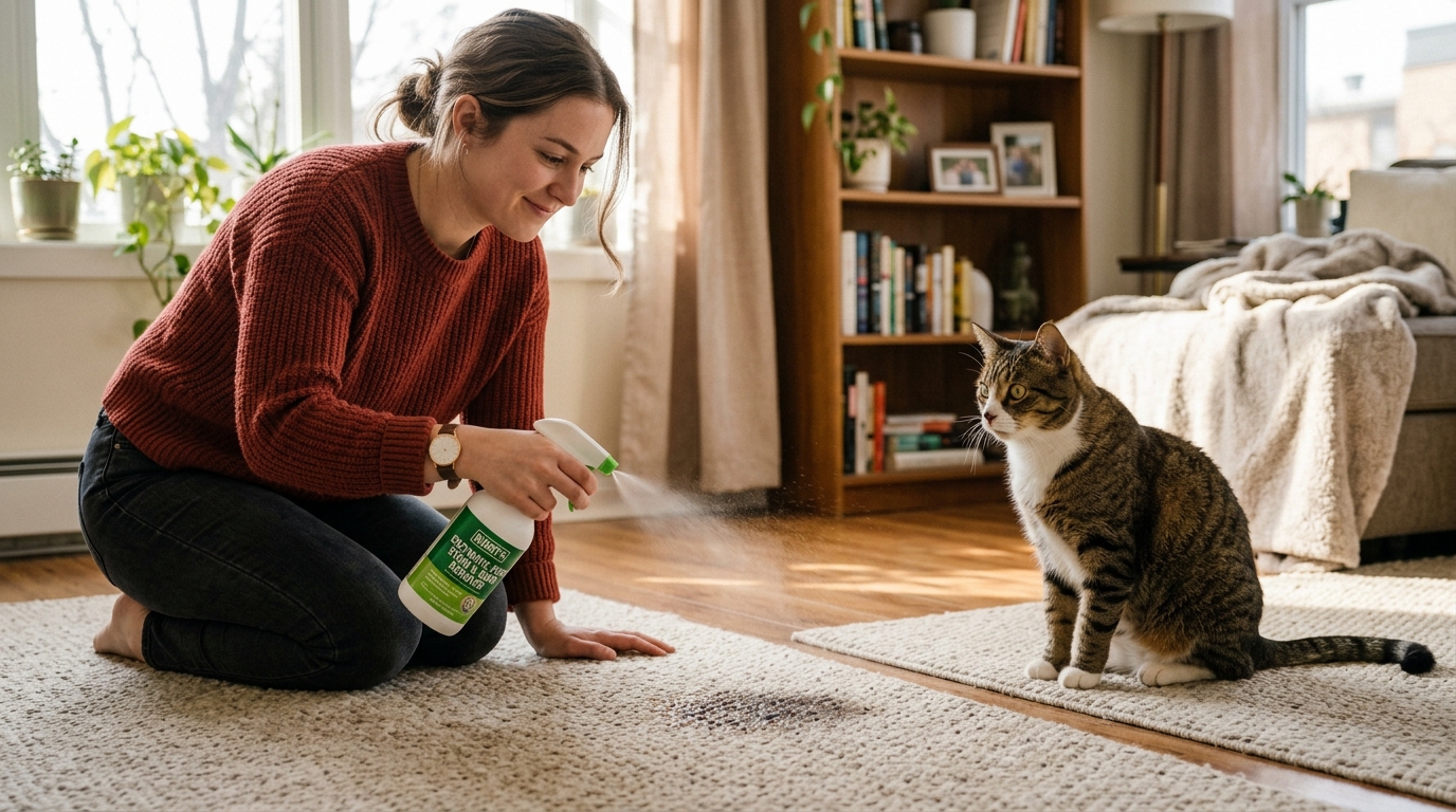 best pet stain removers apartments — owner spraying enzymatic cleaner on carpet with cat watching