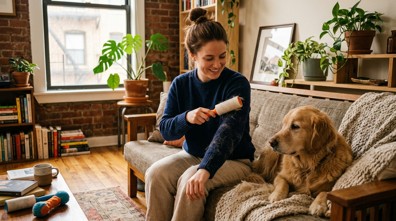 manage pet hair apartment — owner using lint roller beside shedding dog in small apartment