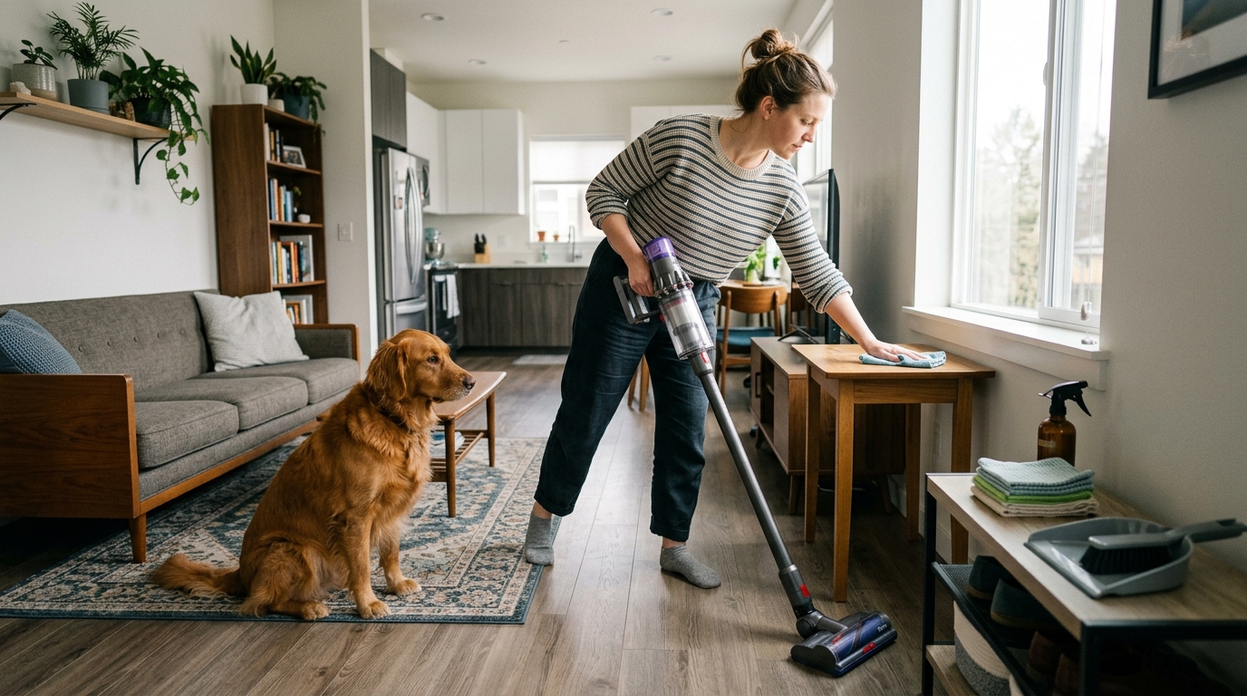 keep small apartment clean with pets — owner vacuuming pet hair in small apartment with dog nearby