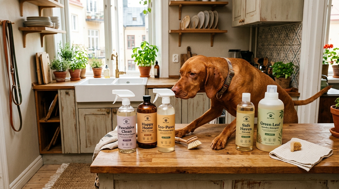 pet-friendly cleaning products apartments — eco-friendly cleaning products on counter with curious dog