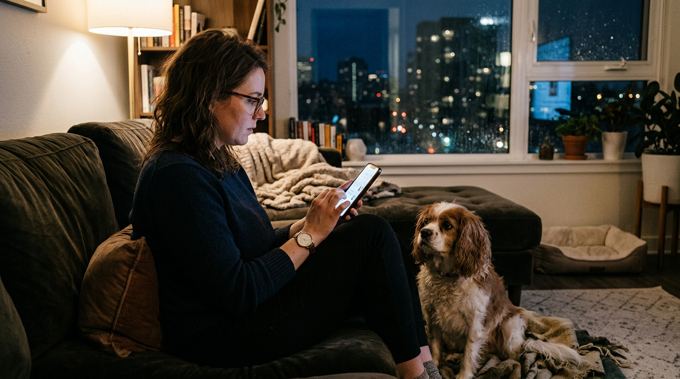 emergency vet care city — owner using phone to find emergency vet clinic with dog beside them