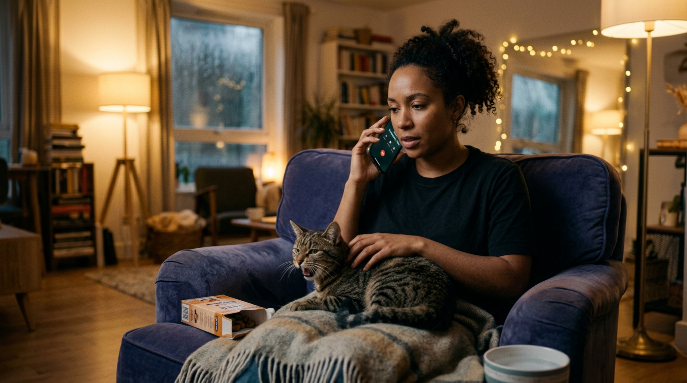 cat emergency apartment — owner calmly calling emergency vet while cat is in distress