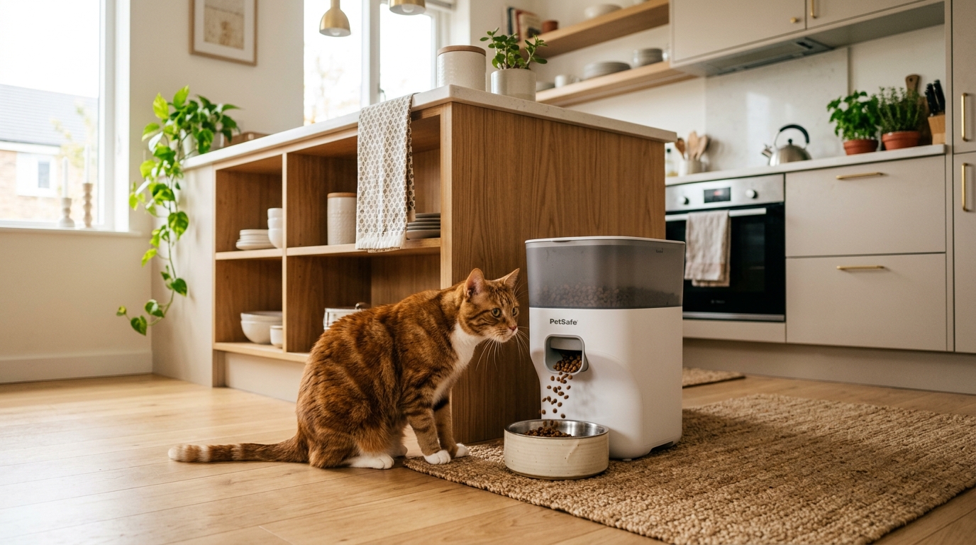 best cat food dispensers apartments — automatic food dispenser in kitchen cat waiting eagerly