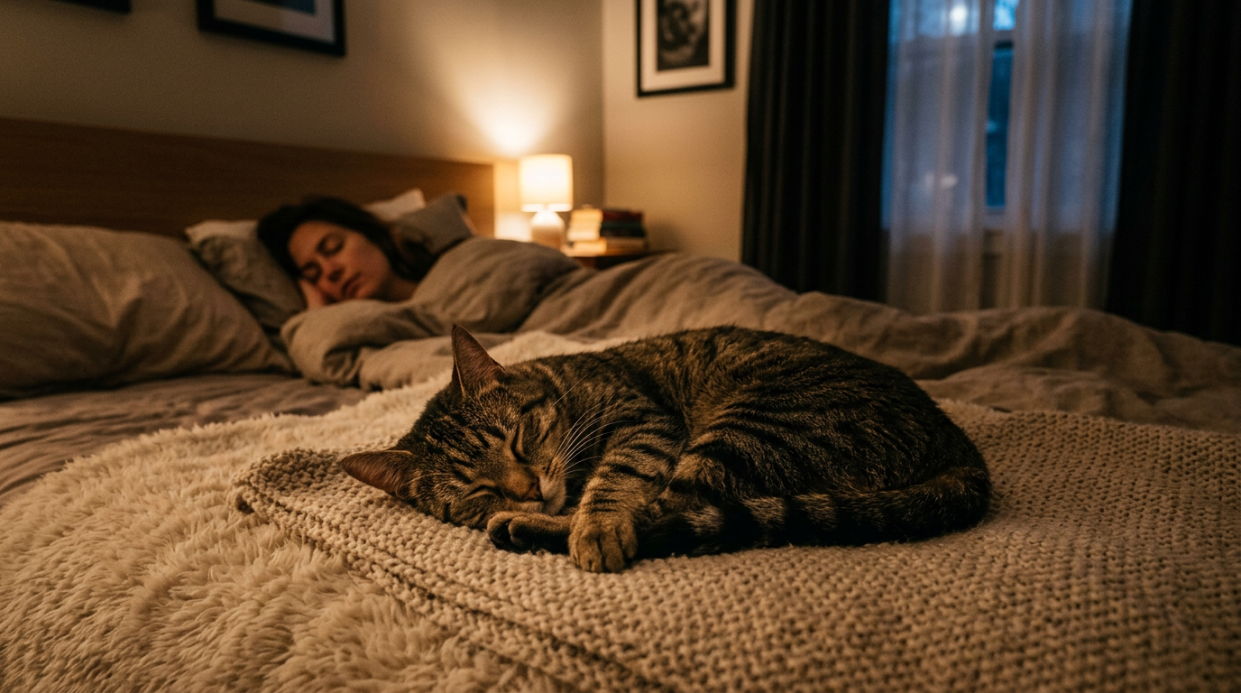 stop cat waking you up — cat sleeping soundly at night while owner sleeps peacefully in background