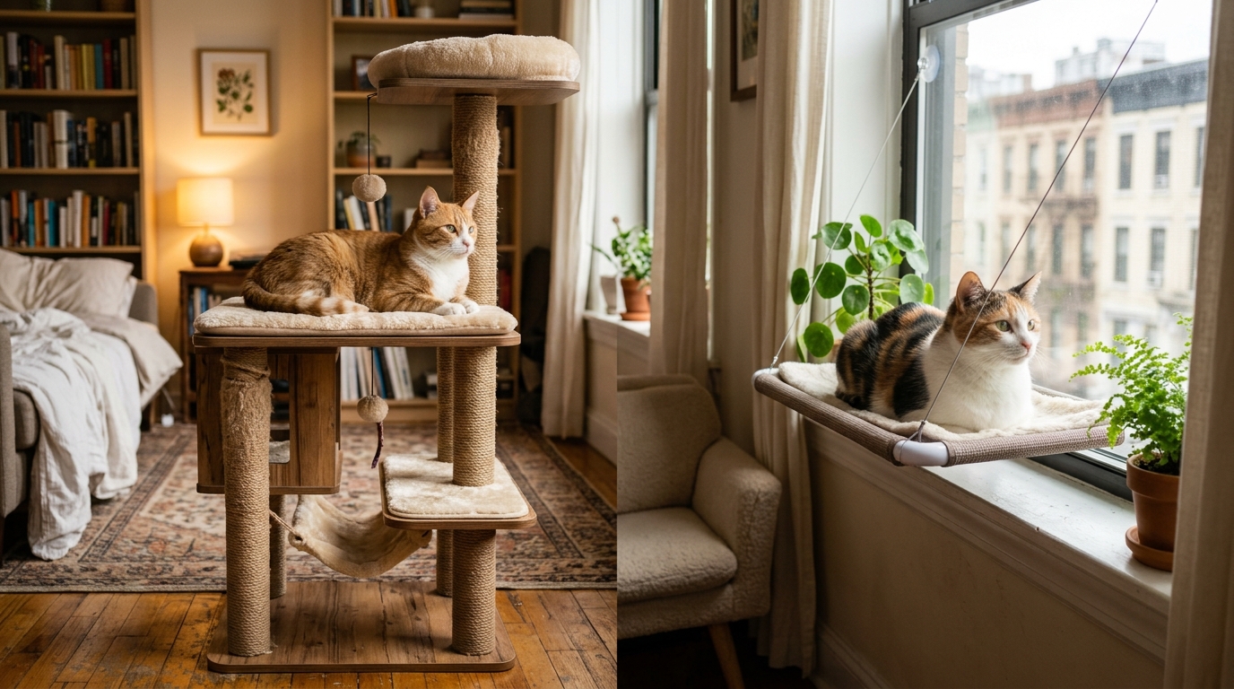 keep multiple cats apartment — two cats sharing space peacefully on cat tree and window perch