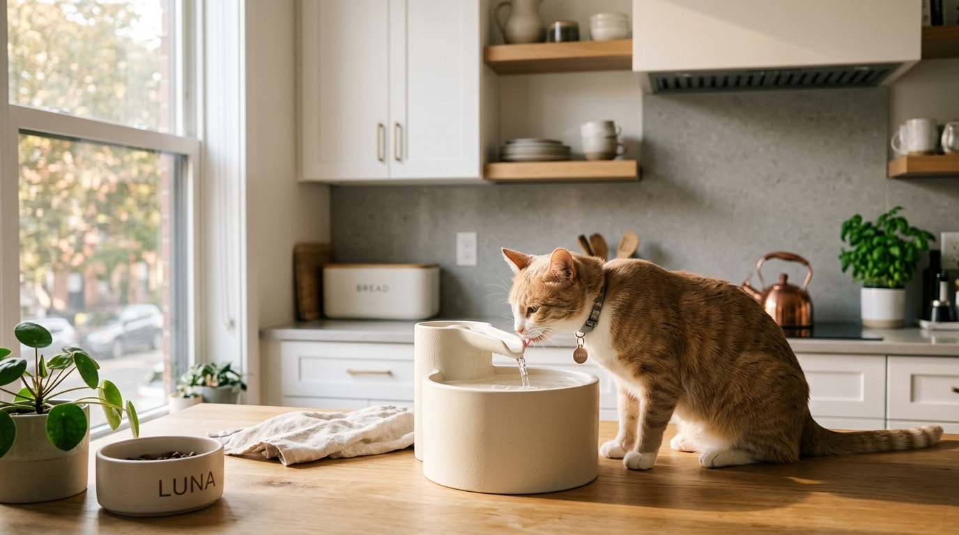 best cat water fountains apartments — cat drinking from elegant pet fountain in apartment kitchen