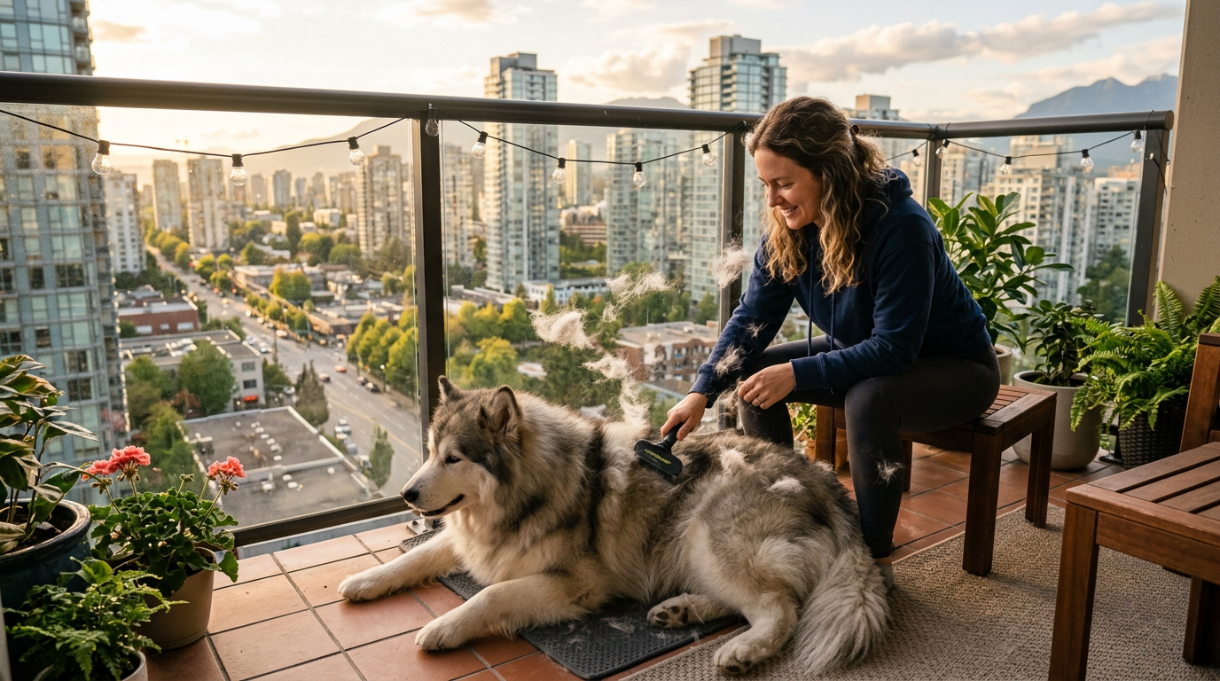 Person brushing a husky with a deshedding brush on an apartment balcony
