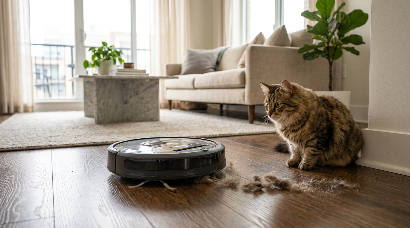 Robot vacuum collecting pet hair from hardwood apartment floor while a cat watches