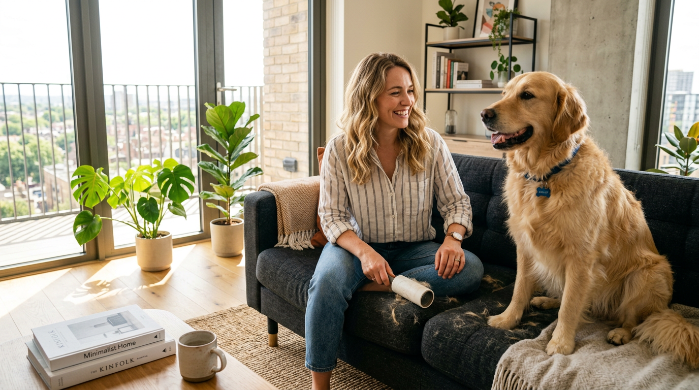 Woman using a lint roller on a dark sofa next to a golden retriever in a bright apartment
