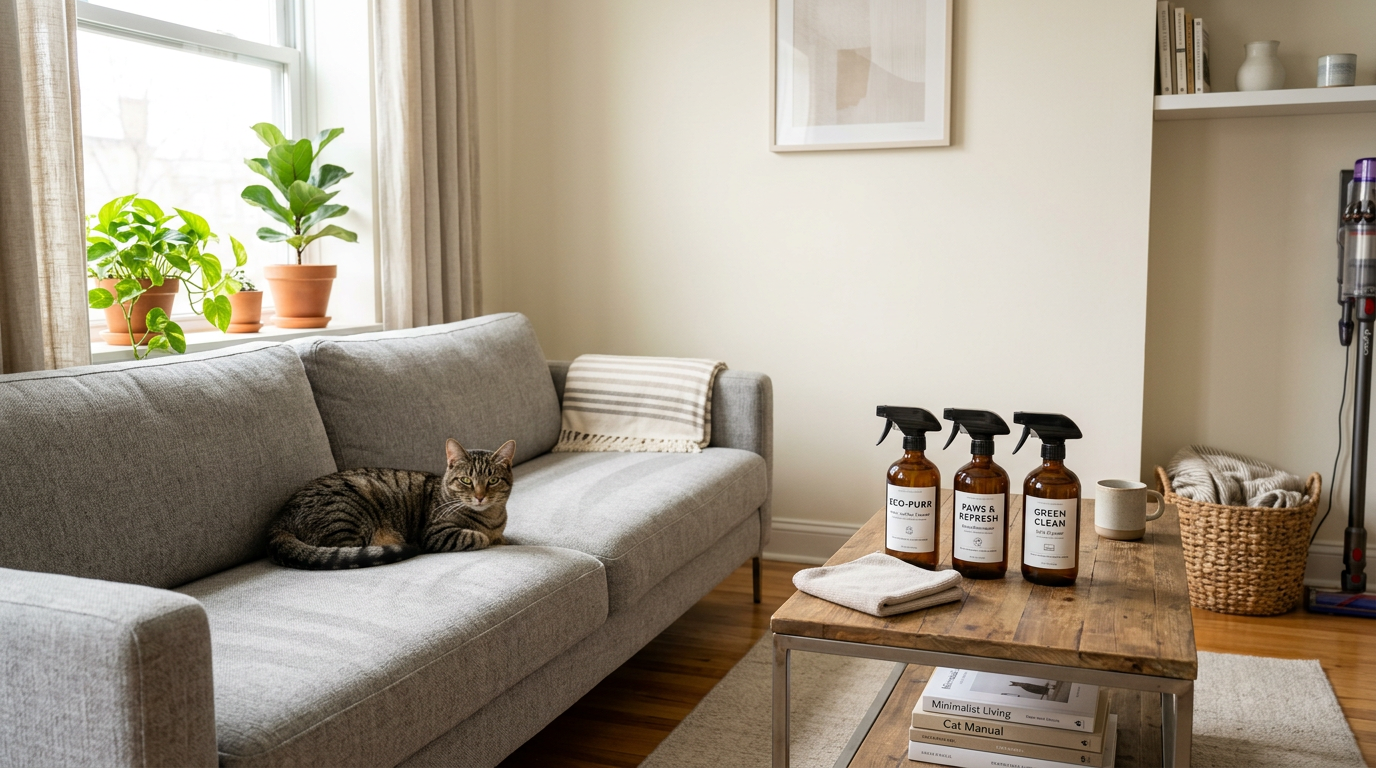 Cat sitting on a clean sofa next to pet-safe eco cleaning products