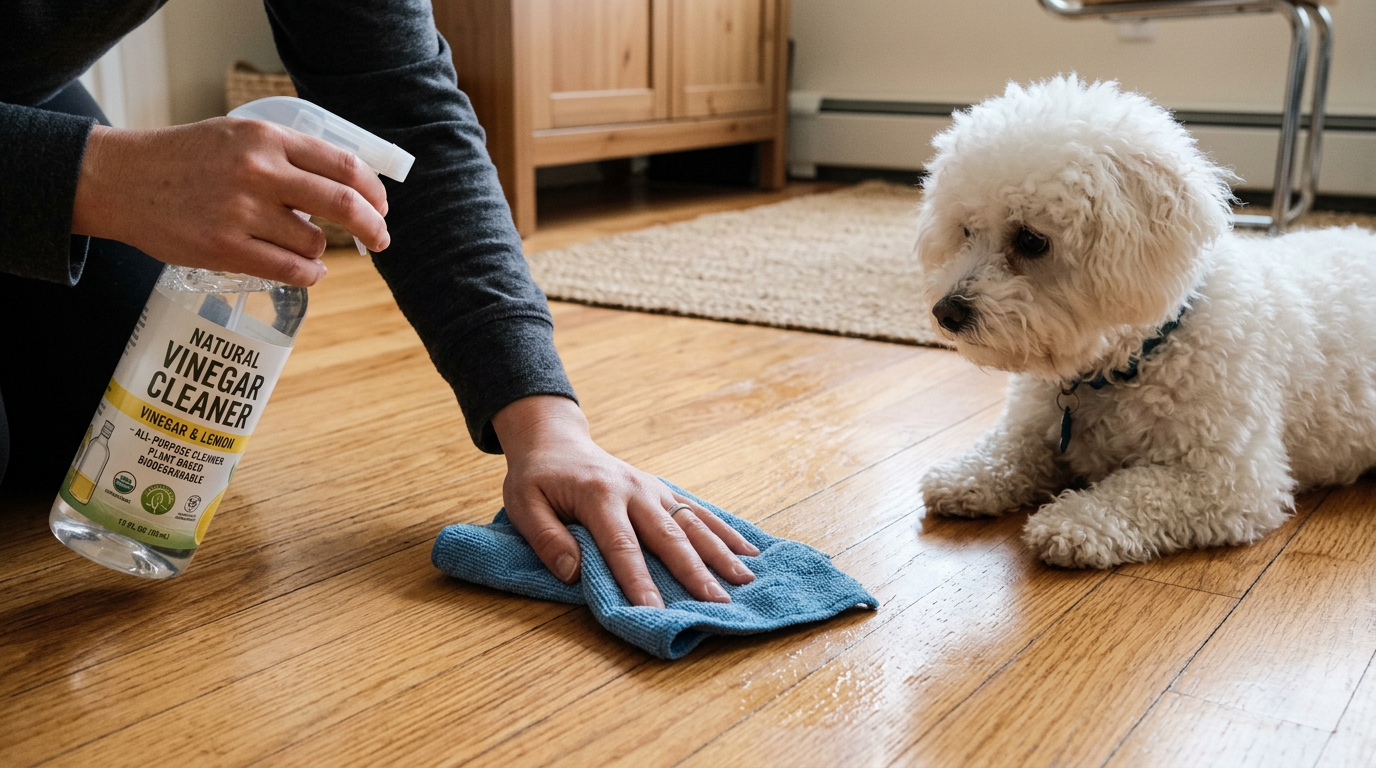 Natural floor cleaner being applied with microfiber cloth while a small dog watches