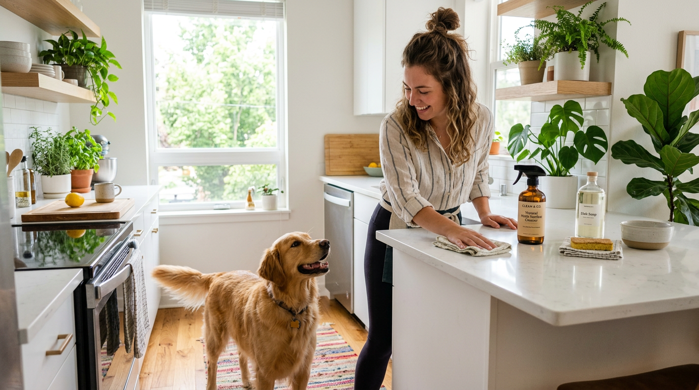 Person using pet-safe cleaning products in a bright apartment kitchen with a golden retriever