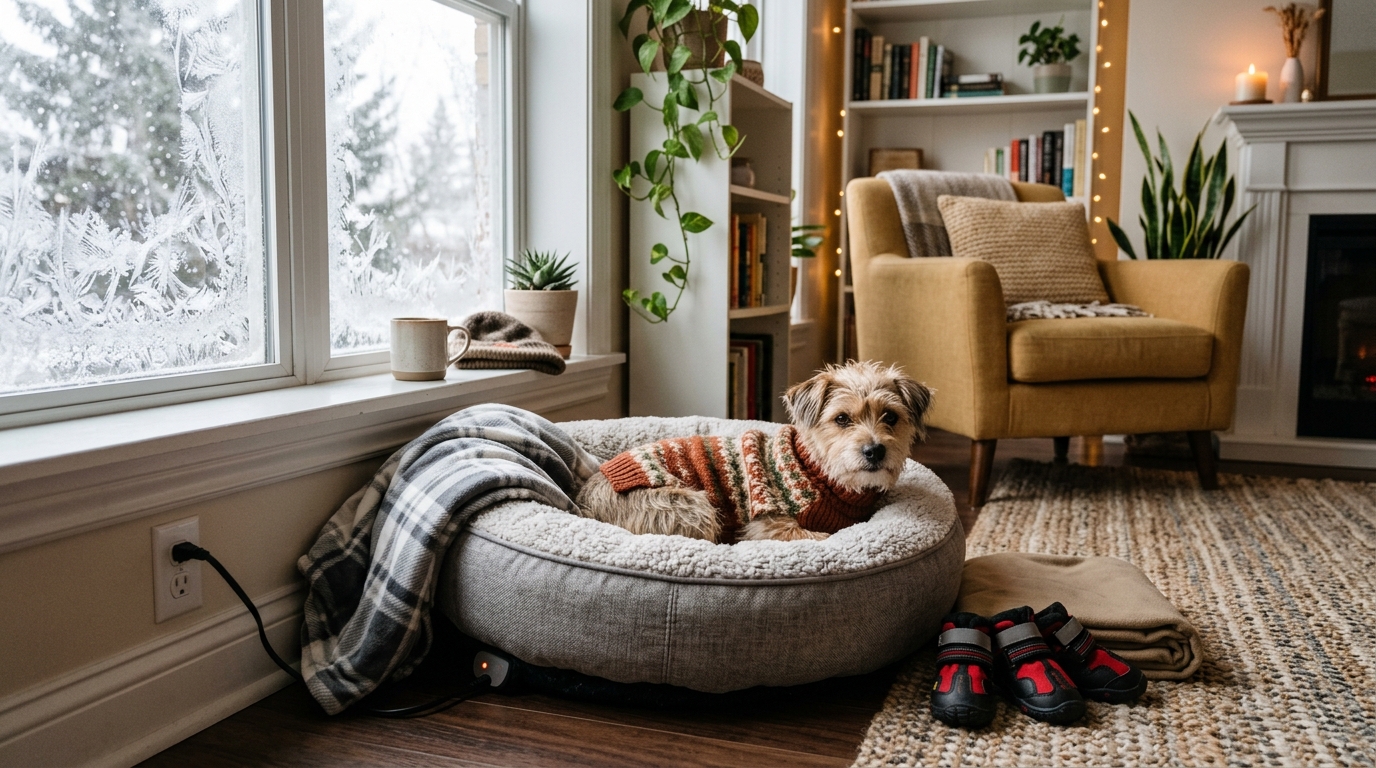 Small dog in knit sweater sitting on a pet bed near a frosty apartment window with cold weather pet products