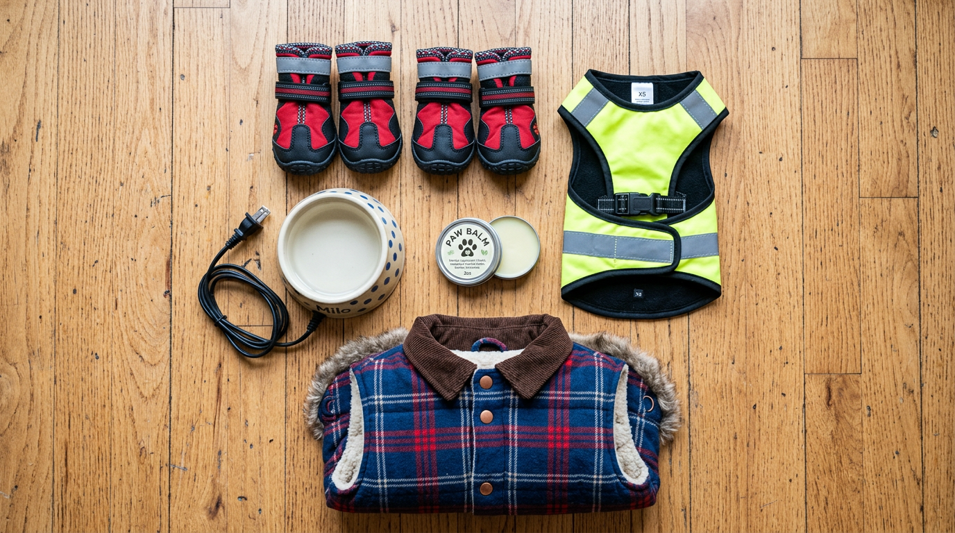 Flat lay of cold weather pet accessories including dog boots, reflective vest, heated water bowl and paw balm