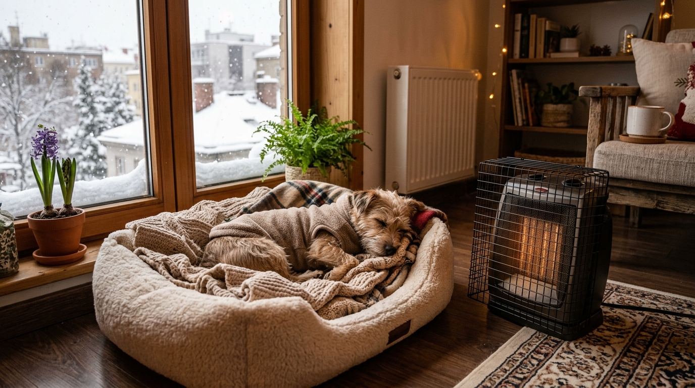 Small dog in a heated pet bed with warm blankets near a window with snow visible outside