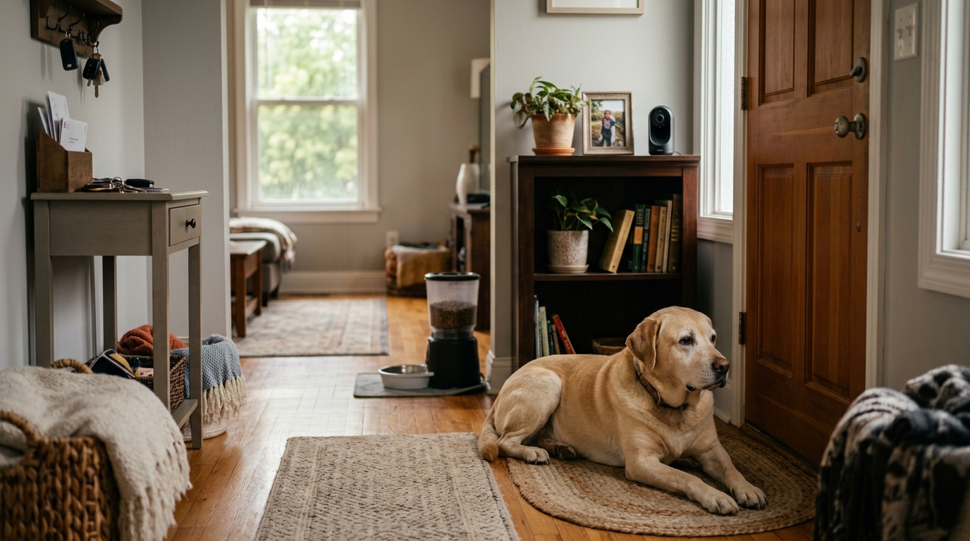 Dog waiting patiently by apartment door with pet camera visible on bookshelf