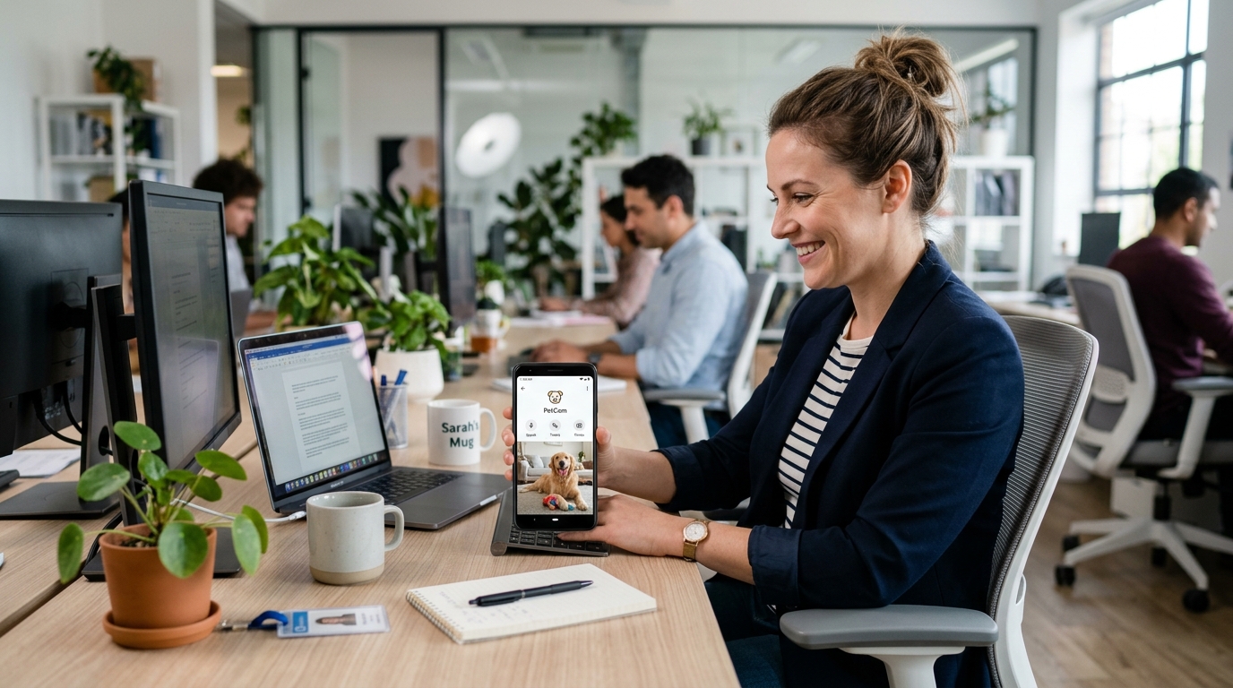Person checking pet camera app on phone at work desk to monitor their dog
