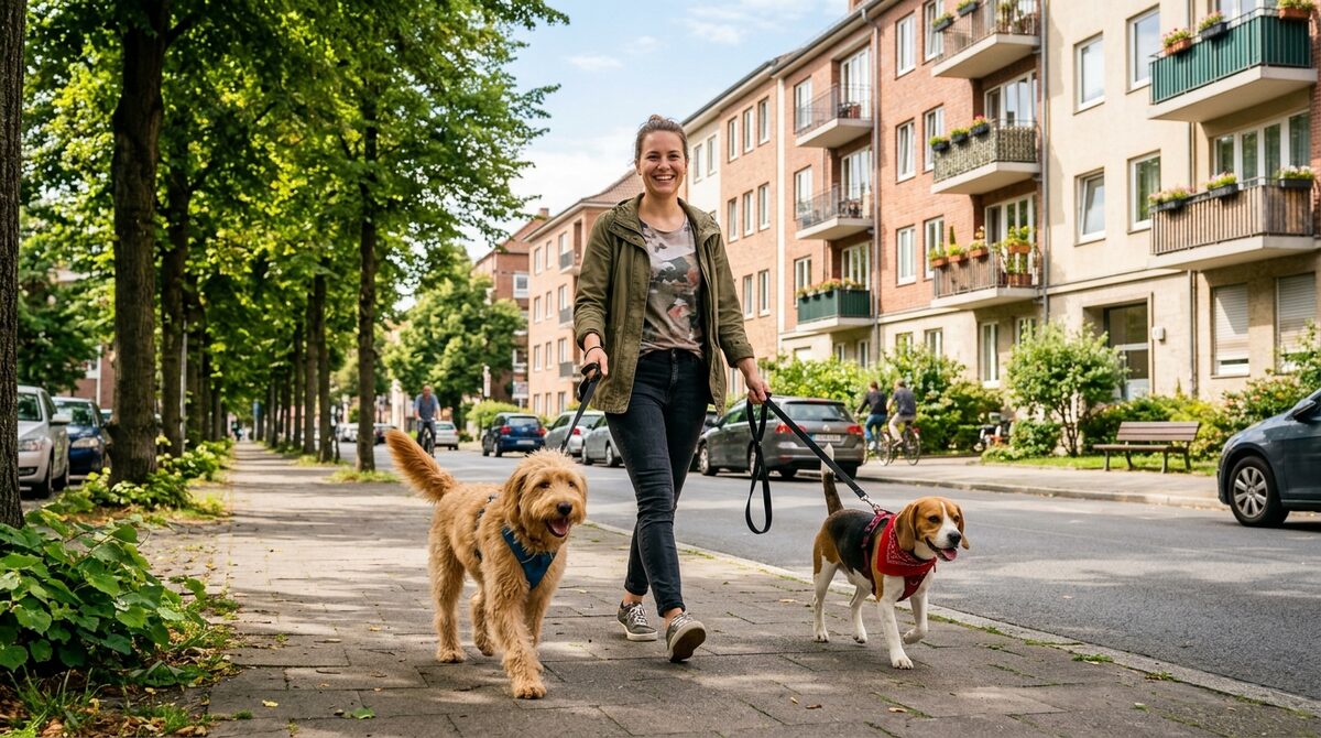 Dog walker taking two dogs on a leash through city streets near apartment buildings