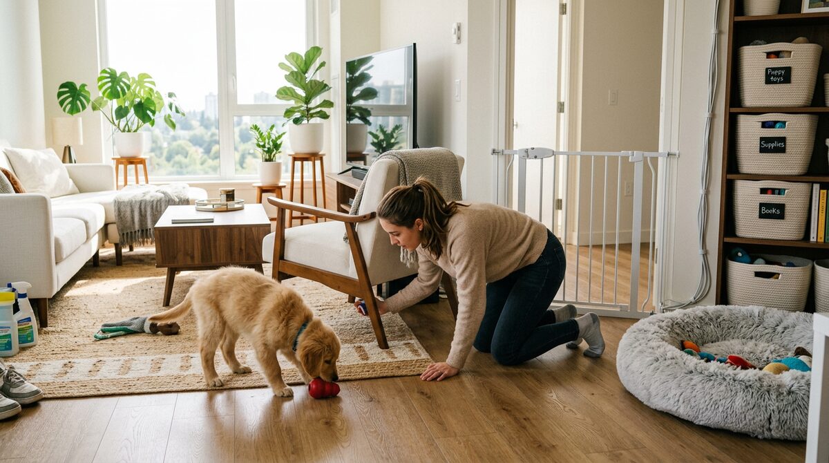 Woman puppy-proofing apartment while golden retriever puppy explores