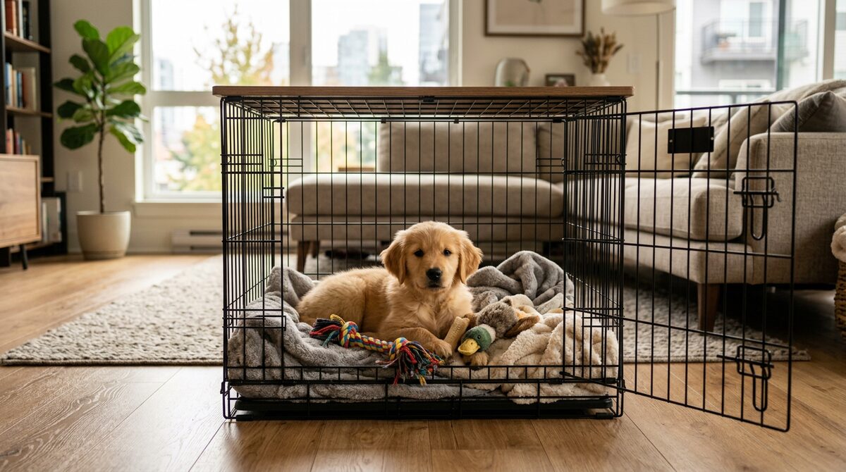 Golden retriever puppy in cozy apartment crate with blankets and toys
