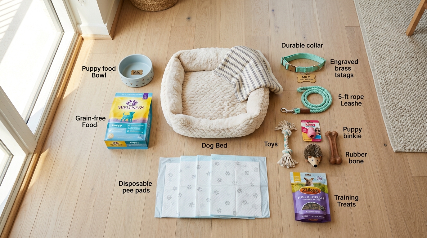 Puppy essentials flat lay including collar, toys, food bowl, and training pads