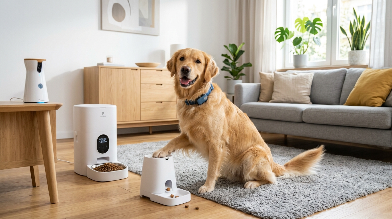 Smart tech gadgets for apartment dogs including camera, feeder, and GPS tracker