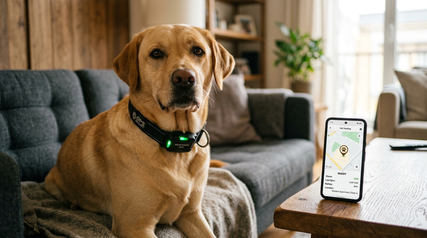 Labrador dog with smart GPS collar in modern apartment