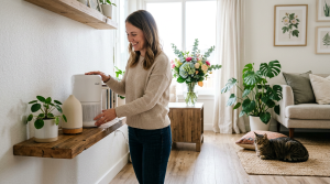 air purifier on shelf with cat relaxing in clean apartment