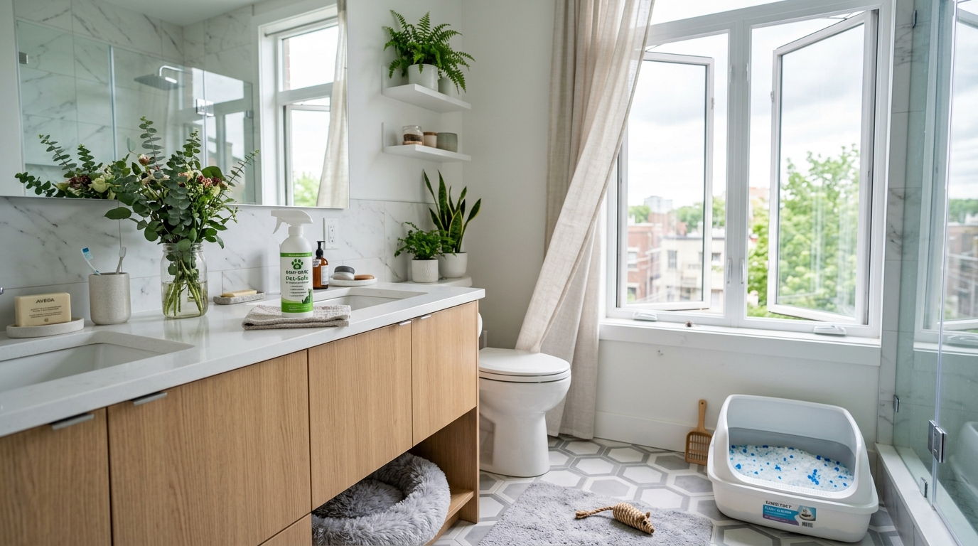 clean apartment bathroom with litter box and odor control products
