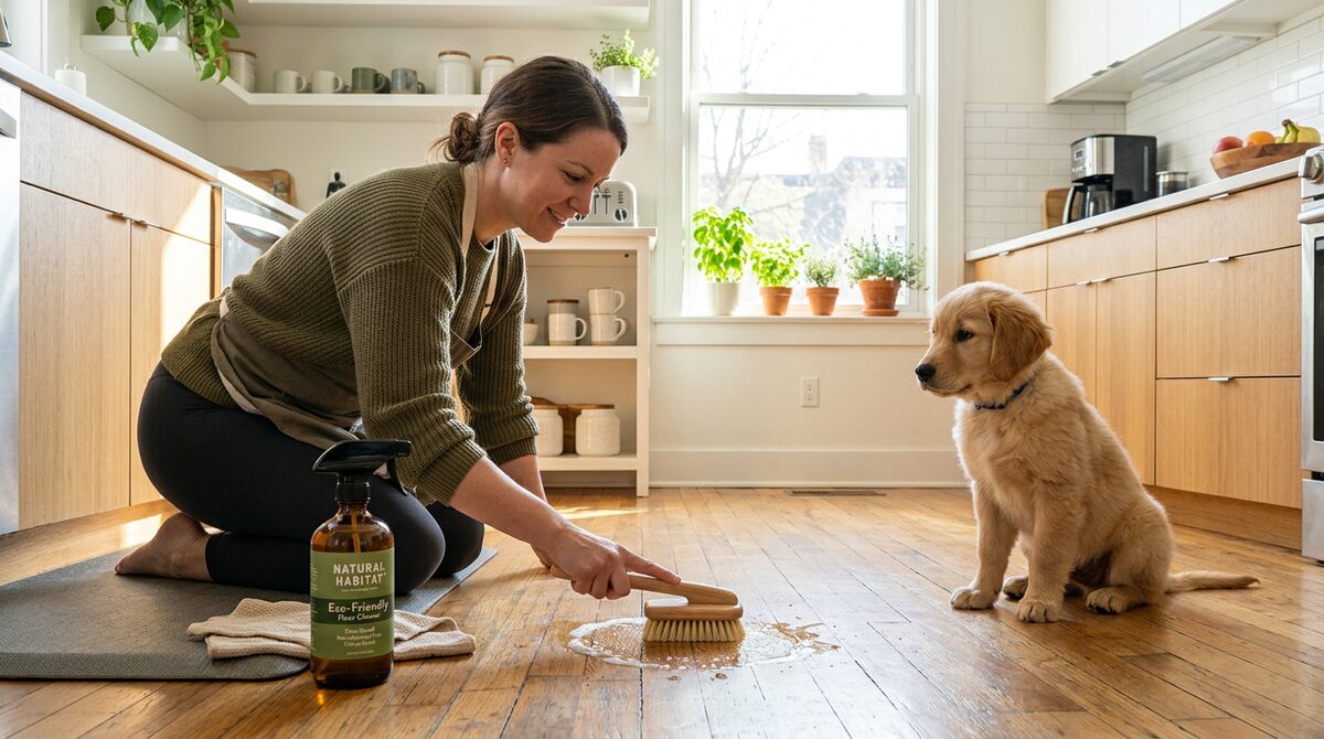 person cleaning pet stain from apartment floor with dog watching