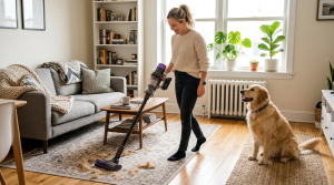 person vacuuming pet hair in apartment with dog nearby