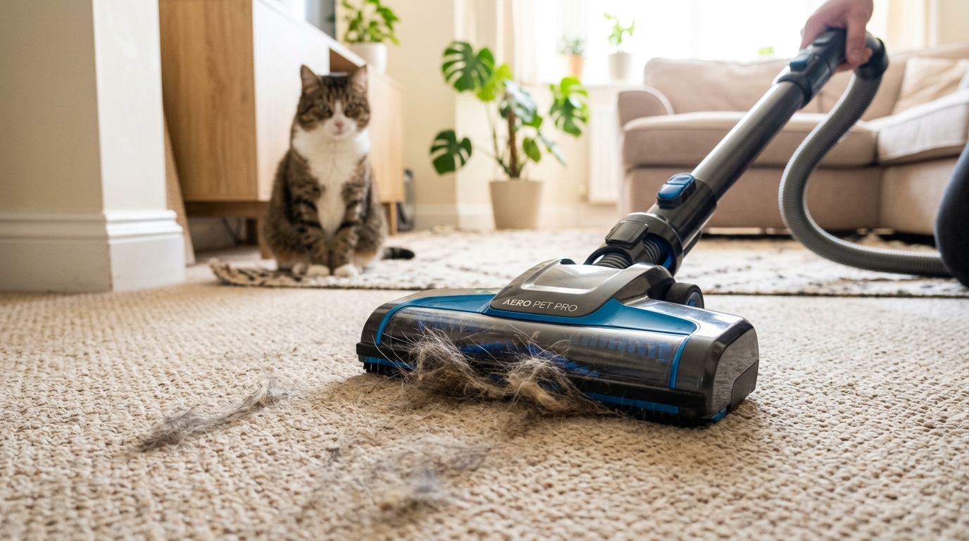 close-up vacuum nozzle picking up pet hair from carpet