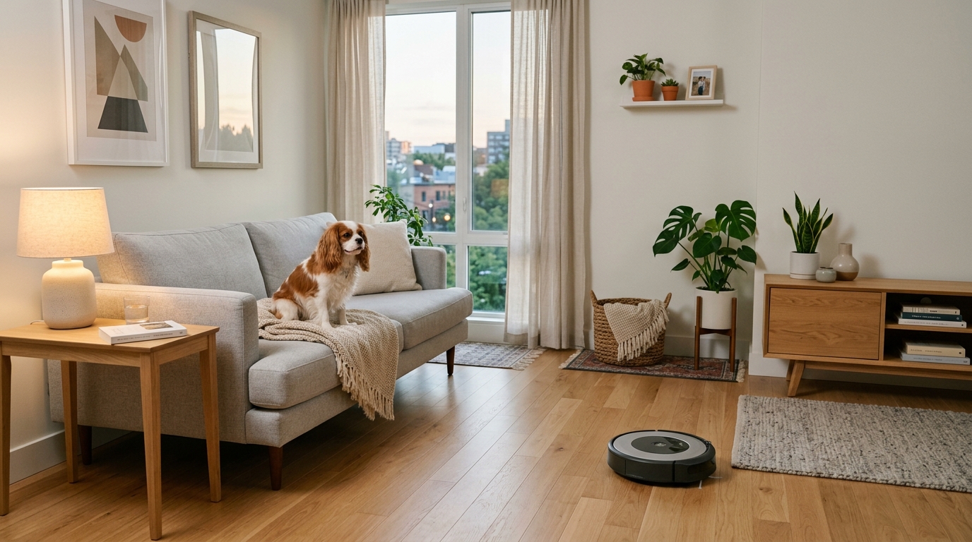 robot vacuum on apartment hardwood floor with small dog on couch