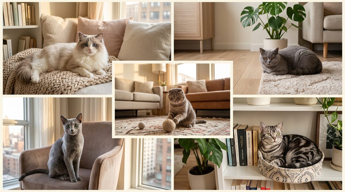 Best apartment cat breeds for first-time owners — Ragdoll, British Shorthair, Russian Blue in cozy apartments