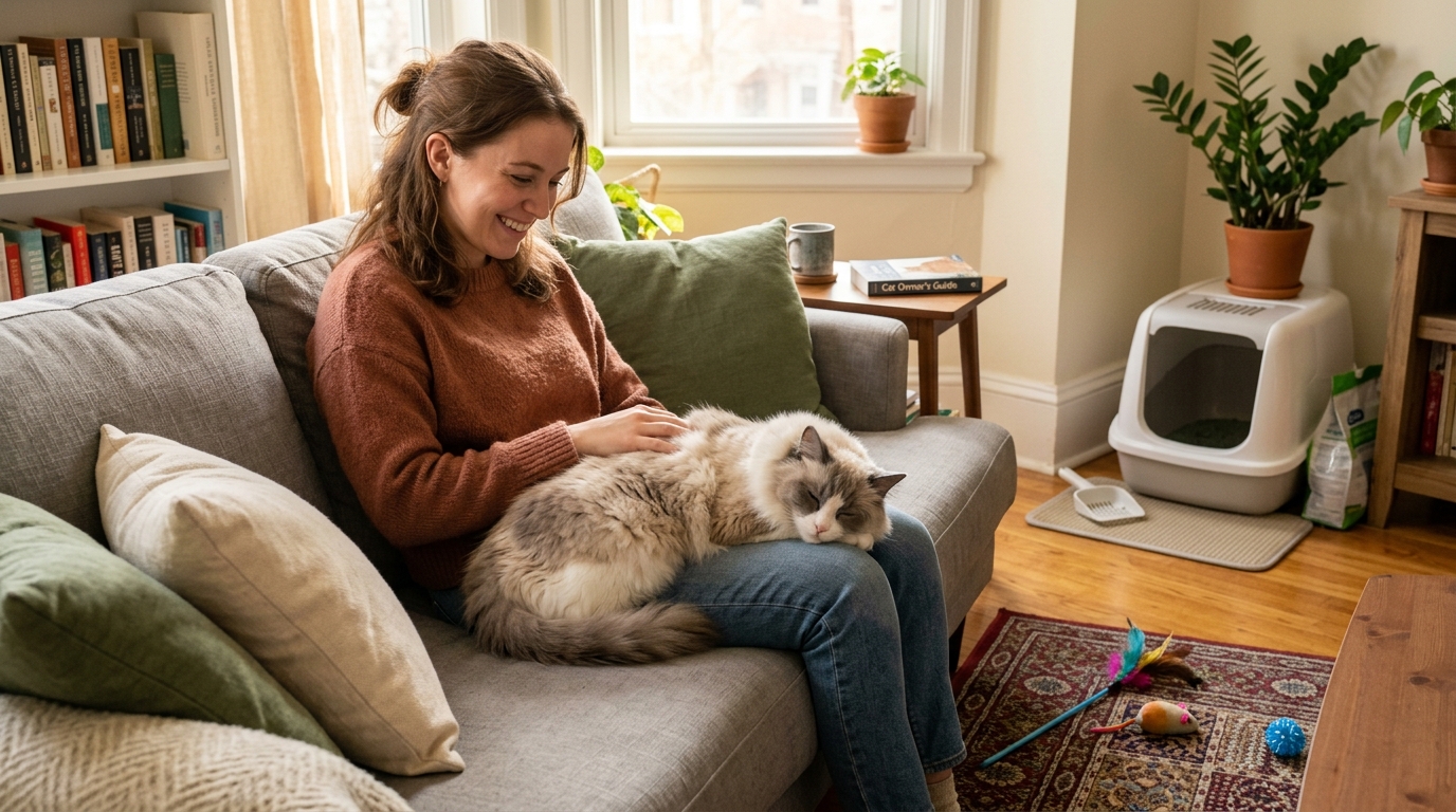 First-time cat owner with a calm Ragdoll on their lap in a cozy apartment