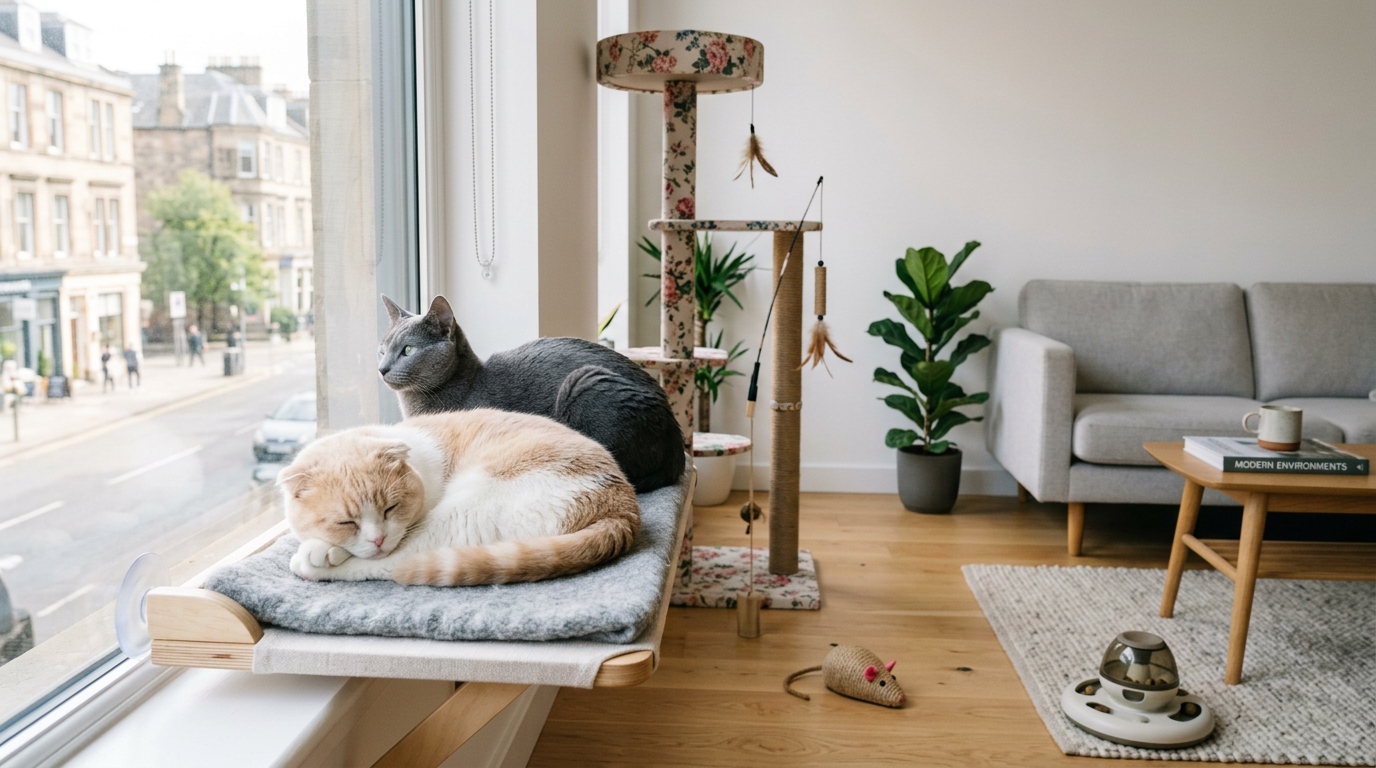 Two apartment-friendly cats — Scottish Fold and Russian Blue — peacefully in a modern apartment