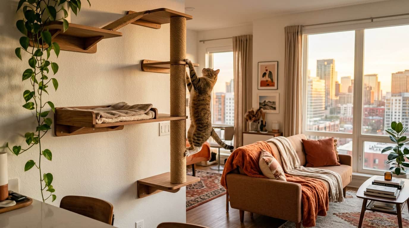 Happy indoor cat on a cat tree in a bright apartment near a window
