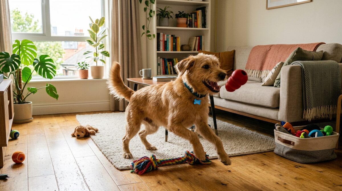 Happy dog exercising indoors in a cozy apartment with natural light