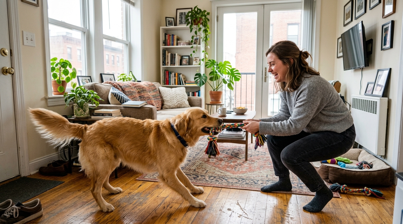 Dog owner playing tug-of-war with dog inside a bright apartment