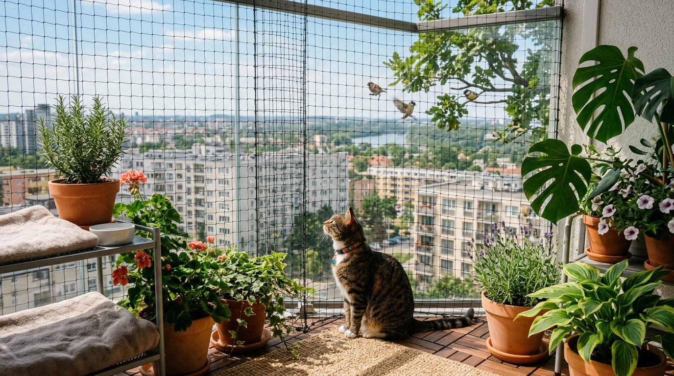 Cat sitting safely inside a mesh enclosure on apartment balcony