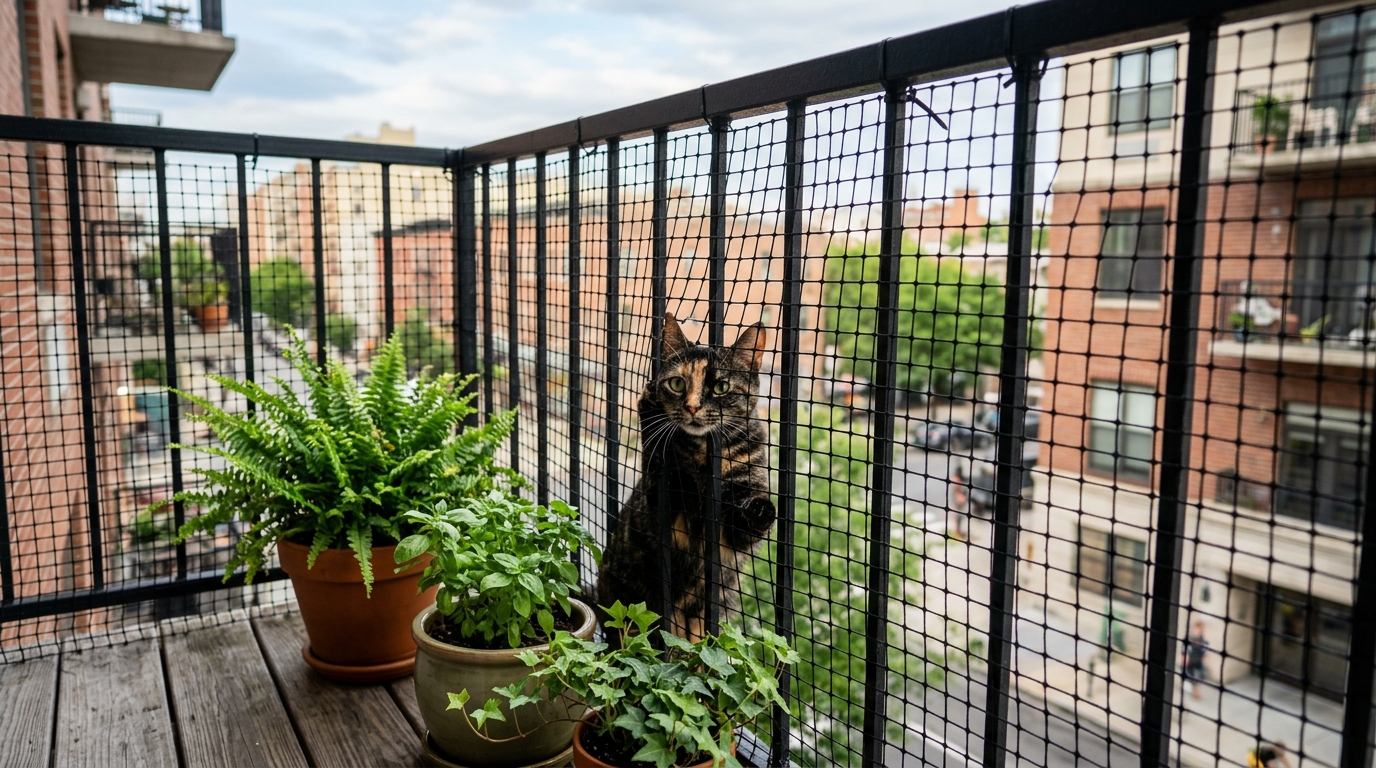 Cat-proof mesh netting installed on apartment balcony railing