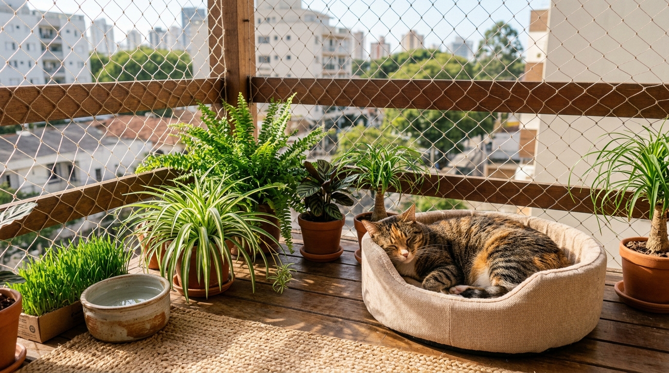 Cat-friendly apartment balcony setup with safe plants, bed and water bowl