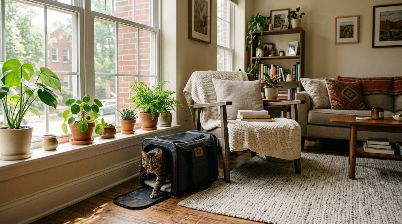 Cat cautiously exploring a new apartment from a carrier