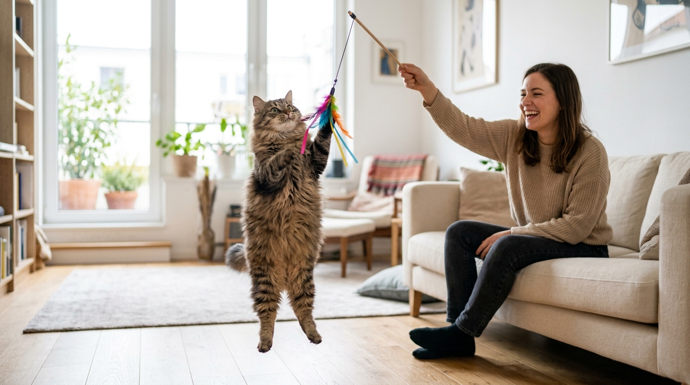 Cat playing with wand toy with owner in new apartment