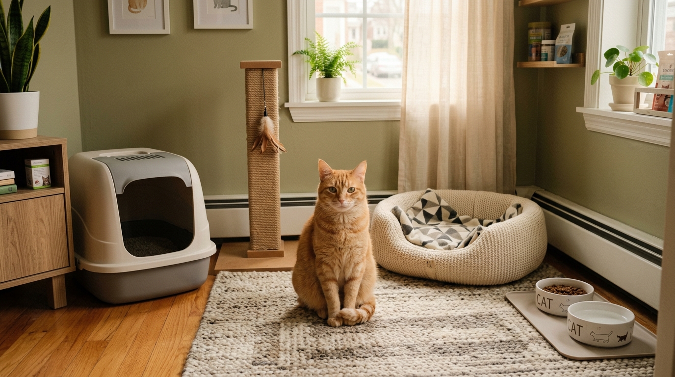 Cat safe room setup with litter box, bed and scratching post in apartment