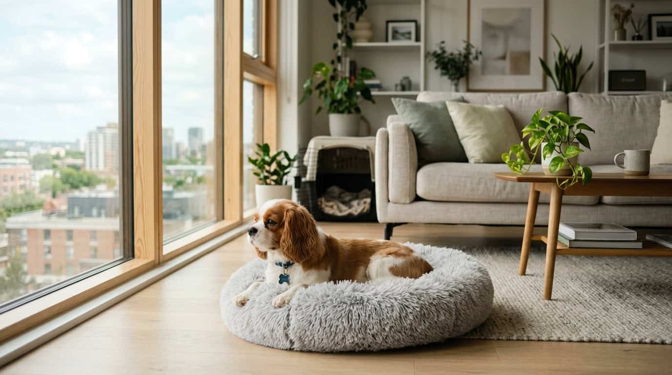 Dog training session with positive reinforcement in apartment