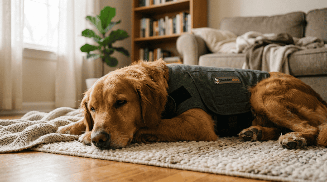 Calm dog wearing anti-anxiety wrap in apartment